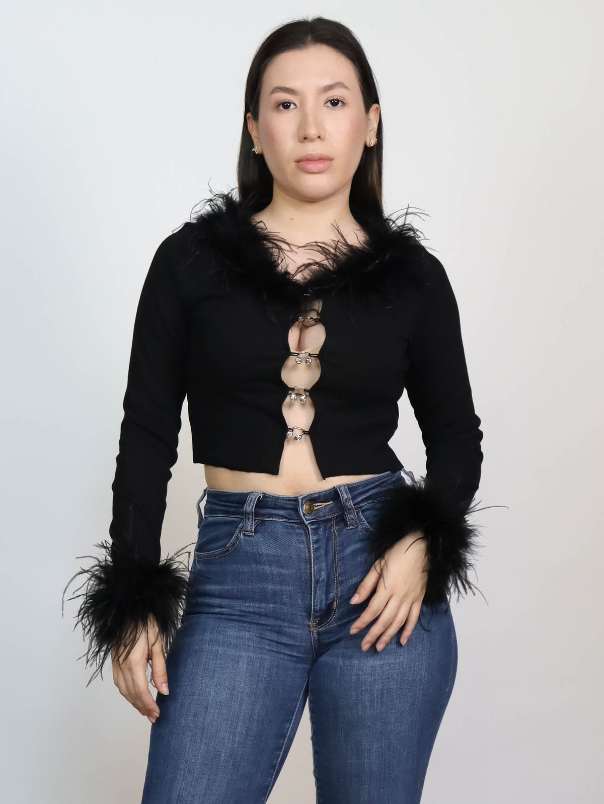 Blusa manga larga con plumas