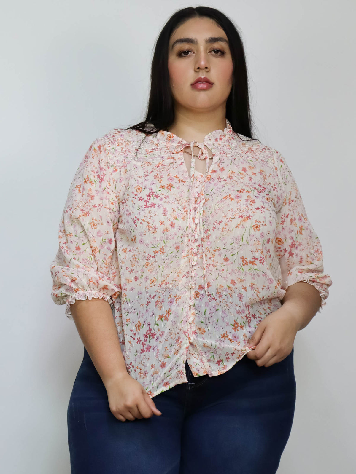 Blusa manga larga elástico en cuello