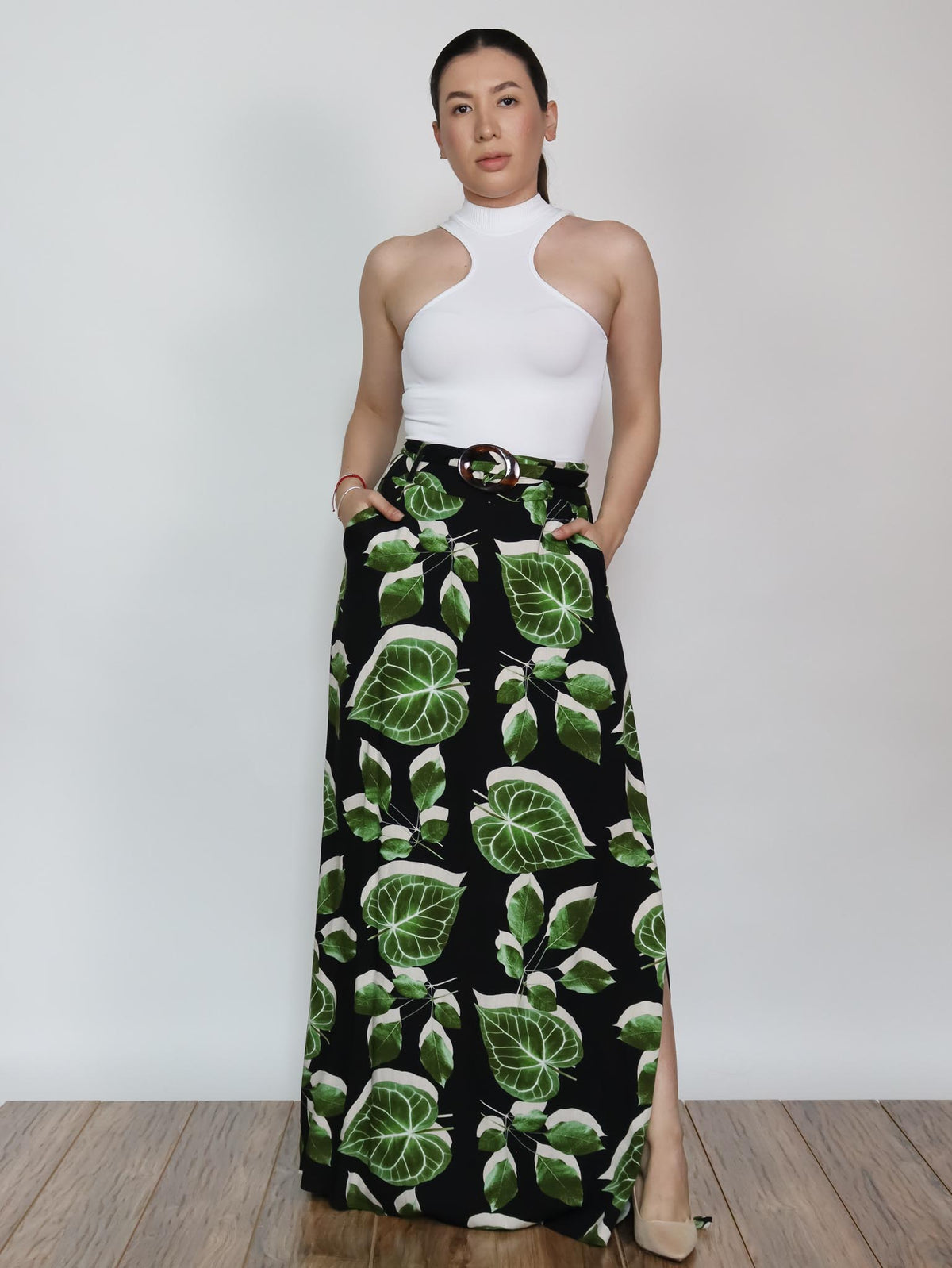 Falda larga print hojas