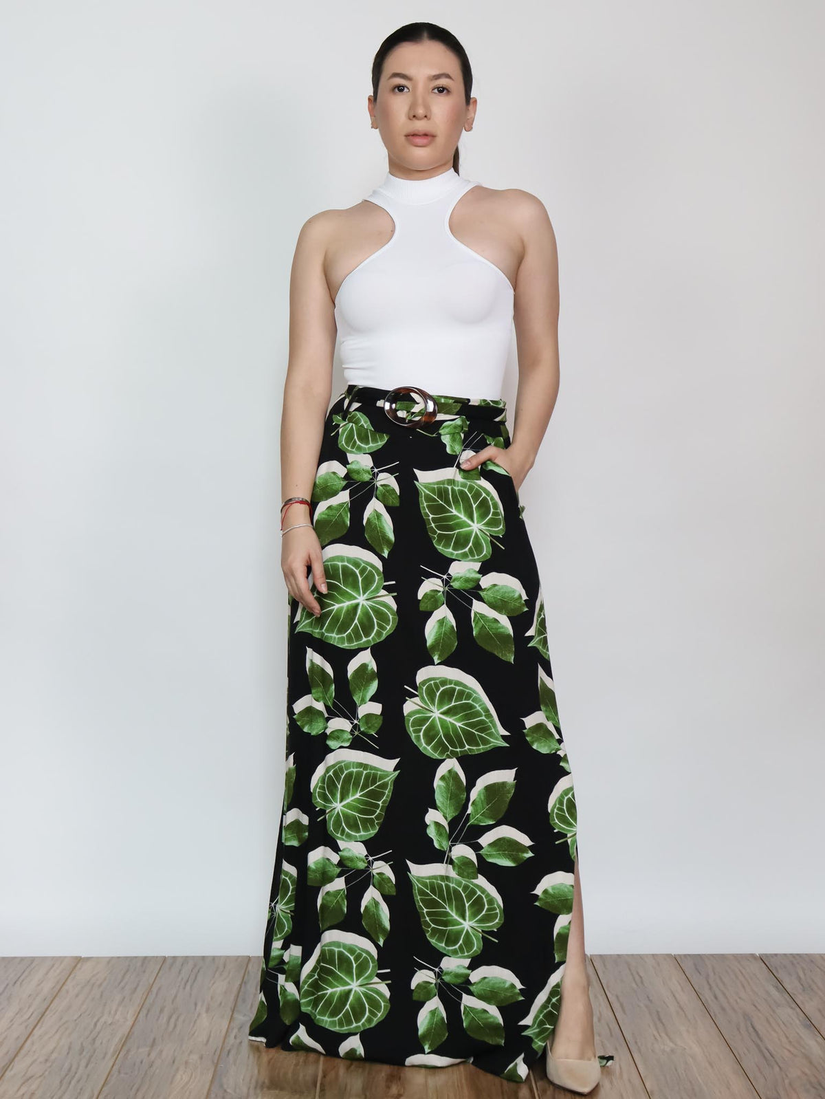Falda larga print hojas