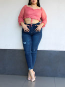 Blusa corta elástico manga larga de encaje