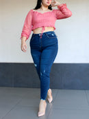 Blusa corta elástico manga larga de encaje